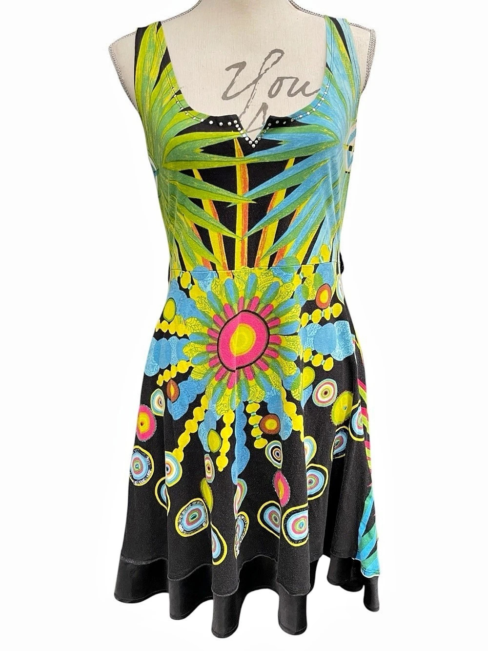 Desigual Black/Multicolor Cotton Graphic Print Sleeveless Tiered Skirt Dress (L)